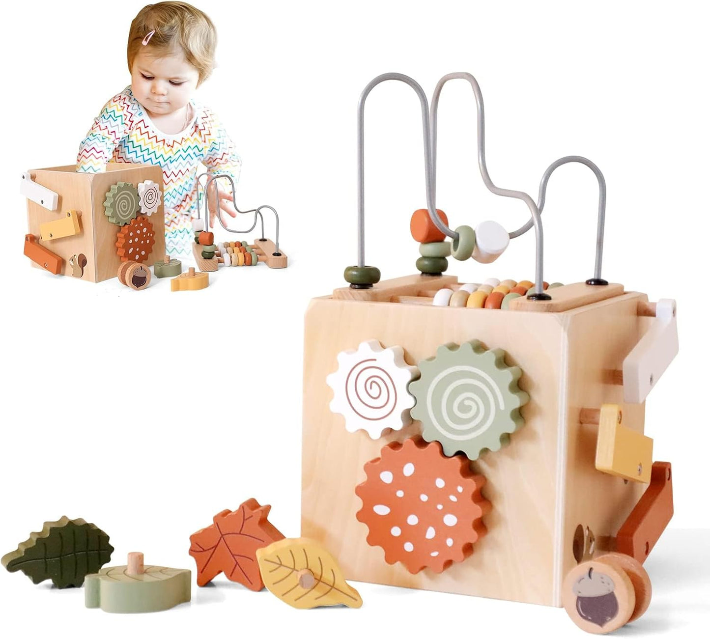 IEATFO 5 in 1 Wooden Activity Cube Play Center Bead Maze Leaves Shape Sorter Learning Montessori Toys for Toddlers 1-3 Early Educational Developmental Learning Toys for Kids