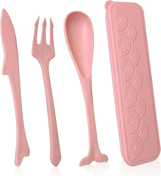 Travel Cutlery Set for Lunch Box, Portable Camping Cutlery Set with Case, Cute Ocean Themed Reusable Plastic Knife Fork and Spoon Set for School Office Picnic (Pink)