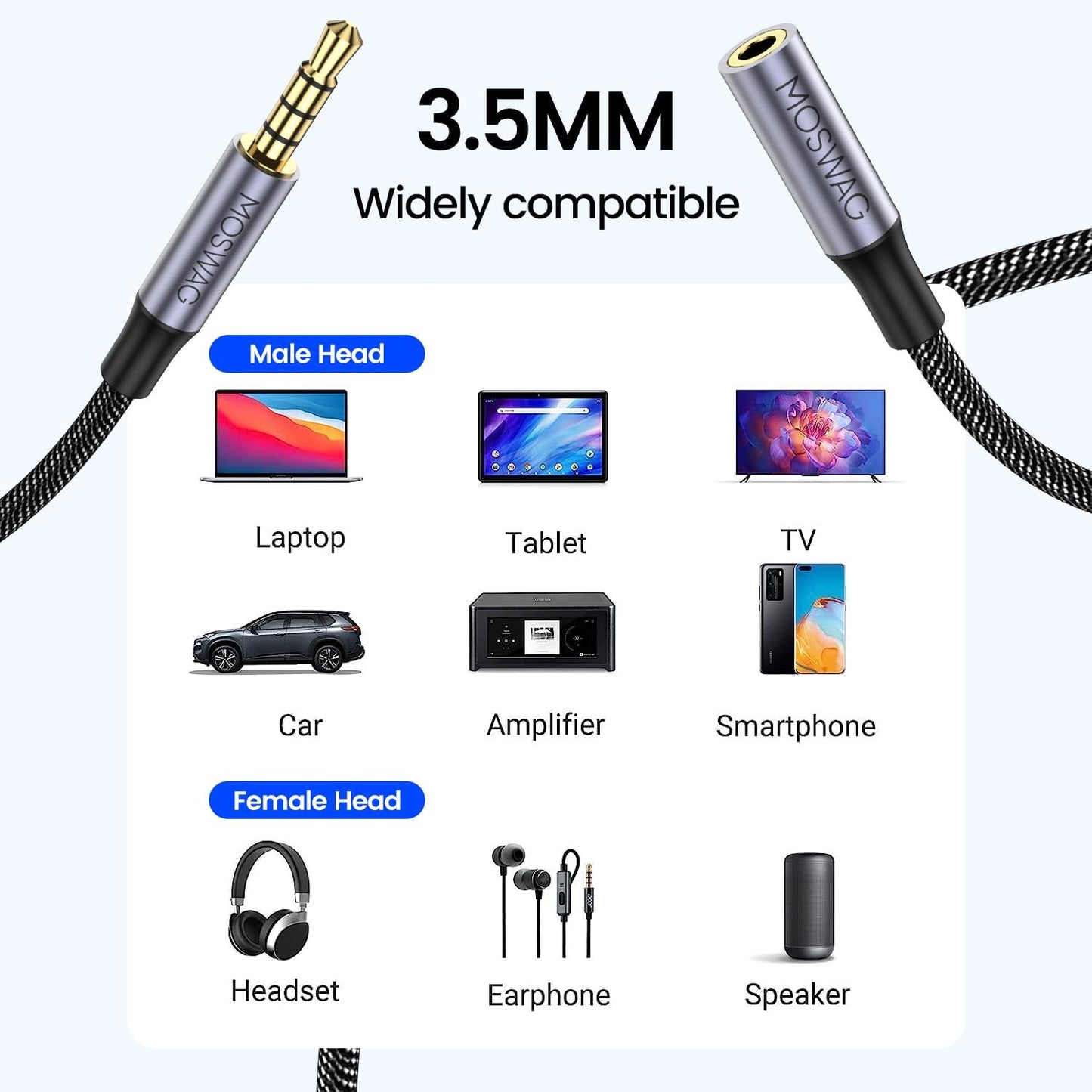 MOSWAG 6.6FT/2Meter 3.5mm Male to Female Extension Cable with Microphone Stereo Audio Adapter Nylon Braided Compatible for Home/Car Stereos Smartphones Headphones Tablets Media Players and More