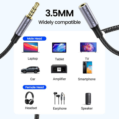MOSWAG 6.6FT/2Meter 3.5mm Male to Female Extension Cable with Microphone Stereo Audio Adapter Nylon Braided Compatible for Home/Car Stereos Smartphones Headphones Tablets Media Players and More