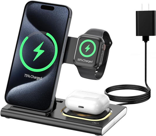 3 in 1 Foldable Charging Station for Apple Wireless Charger for iPhone 16 15 14 13 12 11 Series, Wireless Charging Station with Night Light for Apple Watch Charger for AirPods 4/3/2/Pro/Pro 2 (Black)