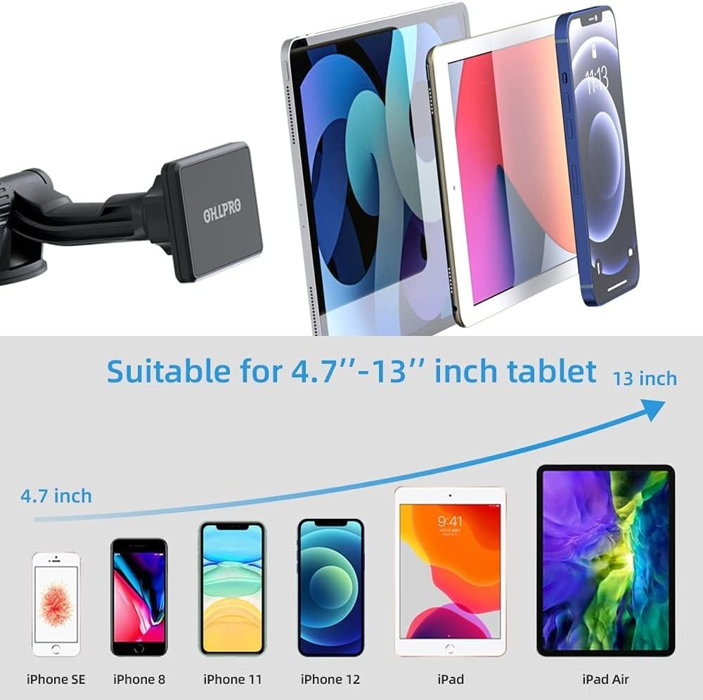 OHLPRO Magnetic Mobile Phone and Tablet Car Holder, 360° Rotation Universal Dashboard/Windscreen Magnetic 6 Strong Magnets, for 4 to 10 Inch Tablets and All Mobile Phones
