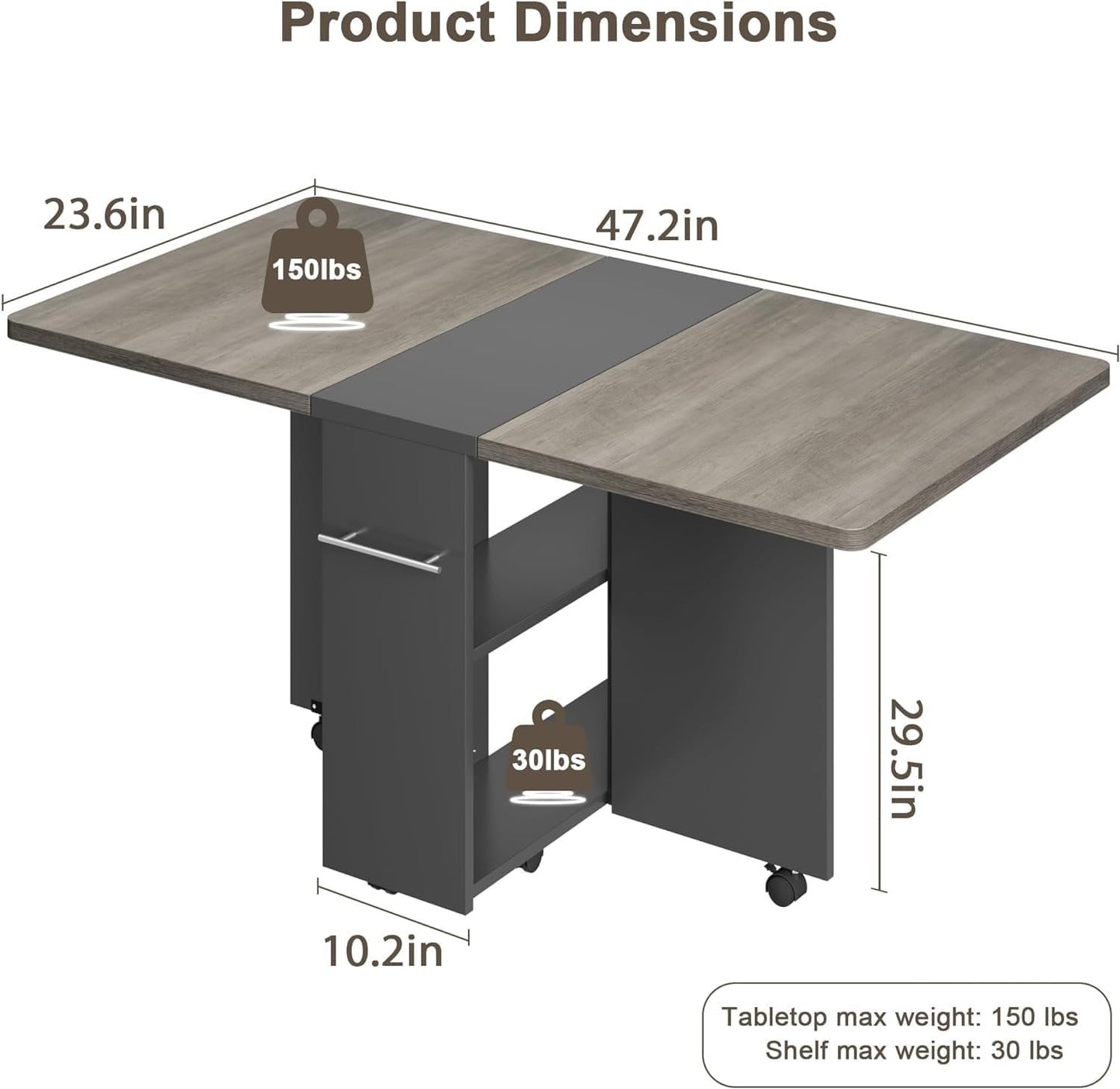 Space Saving Folding Dining Table with 2 Tier Storage-Extendable Drop Leaf Farmhouse Kitchen Dining Room Tables Set for 4, Collapsible Expandable Rectangle (Carlo Grey, 47.2" D x 23.6" W x 29.5" H)