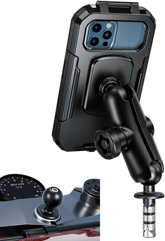 iMESTOU Waterproof Phone Holder for Motorcycle Fork Stems Anti-Theft Double Arm Socket B Aluminum Ball Base 720° Rotation for 3.5"-6.1" Smartphone (S)