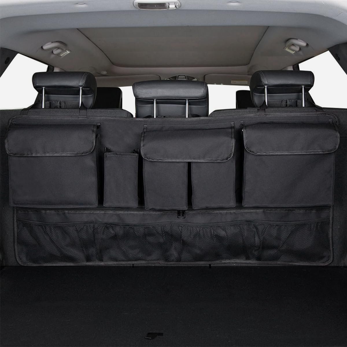 Mandark Car Trunk Organizer, Super Capacity Vehicle Hanging Backseat Cargo Storage Bag with Robust Elastic Net, Detachable Auto Seat Back Organizing Bag, Universal for SUV, Truck, RVï¼ˆBlack/Blackï¼‰