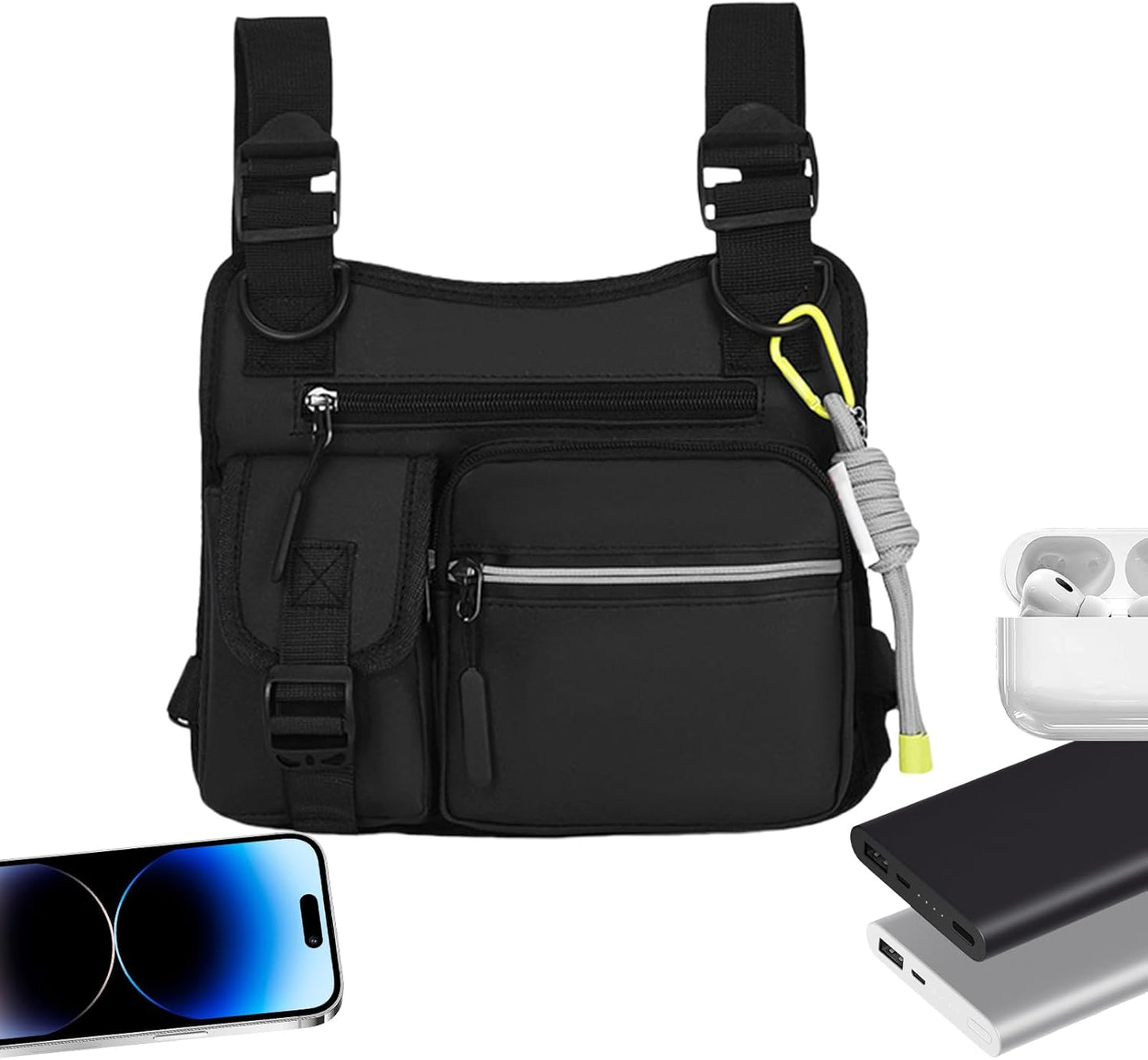 Chest Holster, Adjustable Multifunctional Chest Bag, Wear-Resistant Vest with 3D Cut, for Hiking, Gym, Sports, Motorcycle, Workout, Hunting, Outdoor Gear Utility, Black, Please refer to description