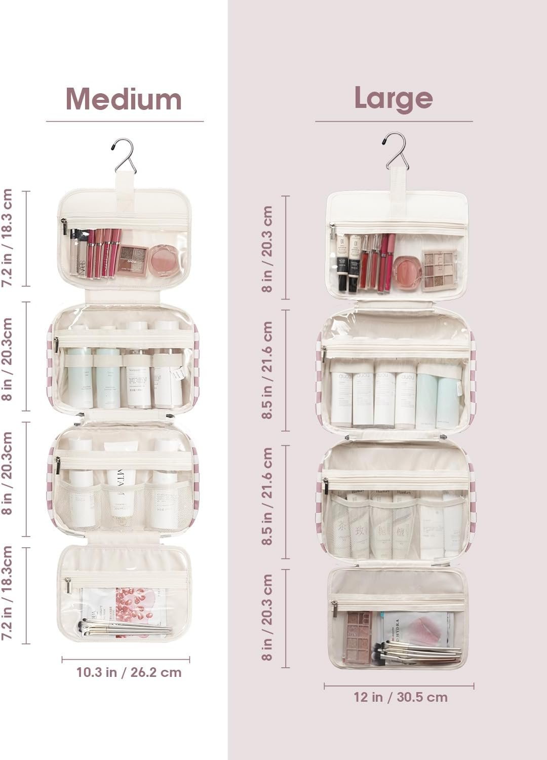 Narwey Hanging Toiletry Bag for Women Travel Makeup Bag Organizer Toiletries Bag for Travel Size Essentials Accessories Cosmetics (Dusty Rose Checkerboard (Medium))