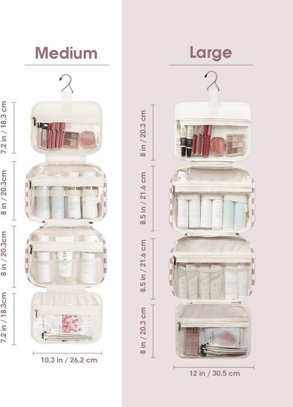 Narwey Hanging Toiletry Bag for Women Travel Makeup Bag Organizer Toiletries Bag for Travel Size Essentials Accessories Cosmetics (Dusty Rose Checkerboard (Medium))