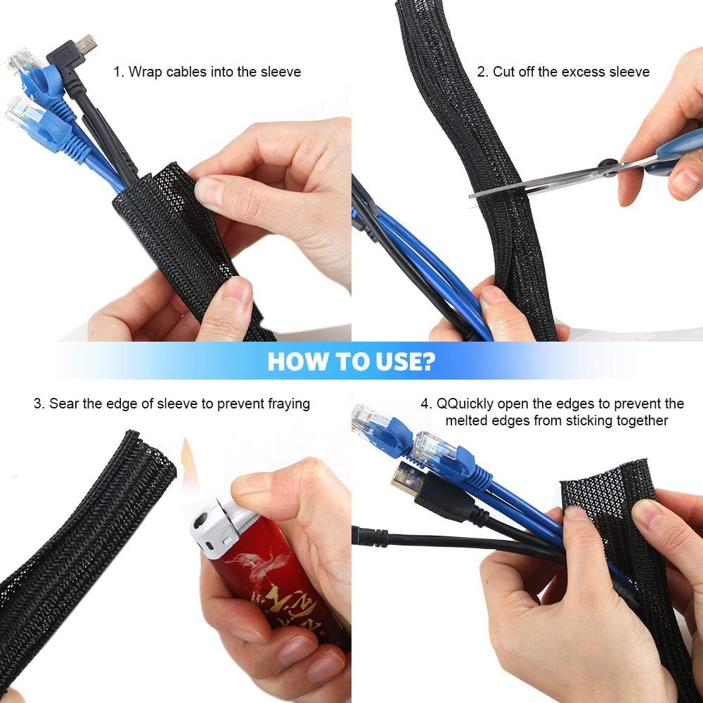 AGPTEK Cable Management Sleeve Cover, Cord Management System for Desk PC TV Computer Projector Wires Protection and Organization, Home, Theater and Office, 10ft - 4/5inch, Black