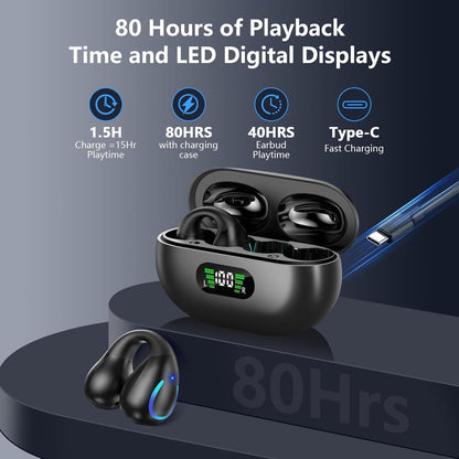 Open Ear Clip On Headphones with Ear Hook Wireless Bone Conduction Earbuds with Digital Display Charging Case Built-in Mic IPX7 Waterproof Bluetooth 5.3 Sport Earphones for Running Fitness