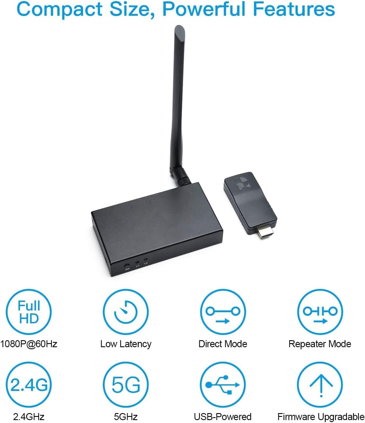 DDMALL Wireless HDMI Extender, 196ft Full HD 1080P HDMI Transmitter and Receiver, Up to 4-4 with Full House Coverage in Repeater Mode, 2.4GHz/5GHz, Ultra Low Latency, （WHE-15