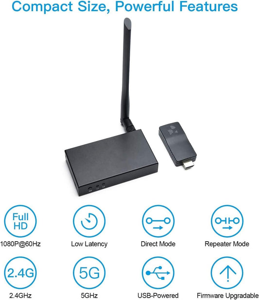 DDMALL Wireless HDMI Extender, 196ft Full HD 1080P HDMI Transmitter and Receiver, Up to 4-4 with Full House Coverage in Repeater Mode, 2.4GHz/5GHz, Ultra Low Latency, （WHE-15
