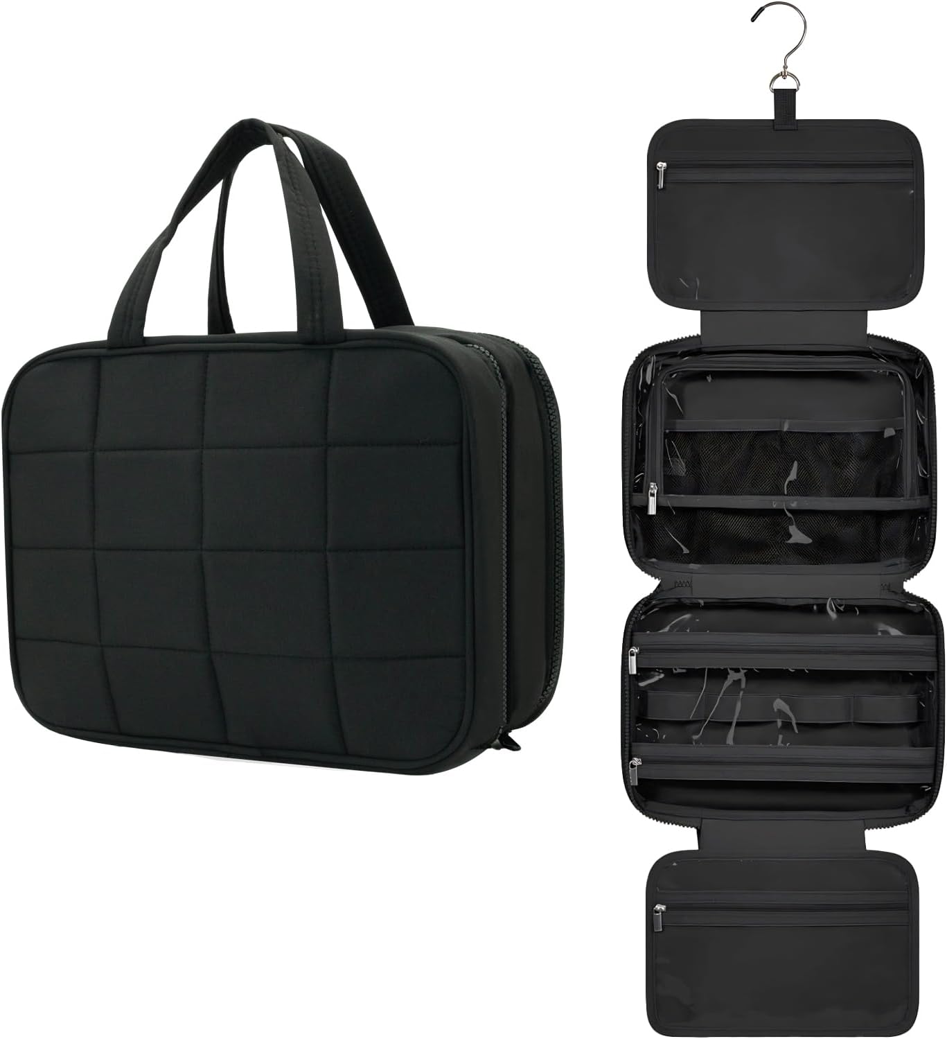 Travel Toiletry Bag for Women, Wide-Open Makeup Pouch,Hanging Toiletry Bag with Hook,Travel Storage Organizer for Skin Care Cosmetics Toiletries Full Sized Container (Black)