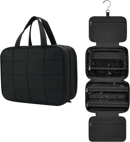 Travel Toiletry Bag for Women, Wide-Open Makeup Pouch,Hanging Toiletry Bag with Hook,Travel Storage Organizer for Skin Care Cosmetics Toiletries Full Sized Container (Black)
