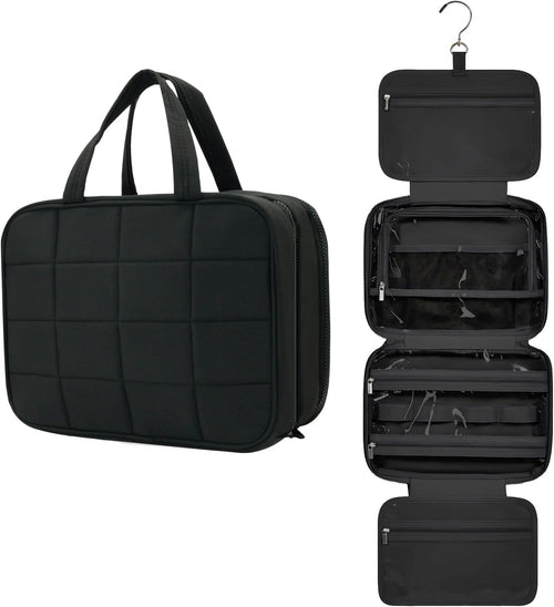 Travel Toiletry Bag for Women, Wide-Open Makeup Pouch,Hanging Toiletry Bag with Hook,Travel Storage Organizer for Skin Care Cosmetics Toiletries Full Sized Container (Black)