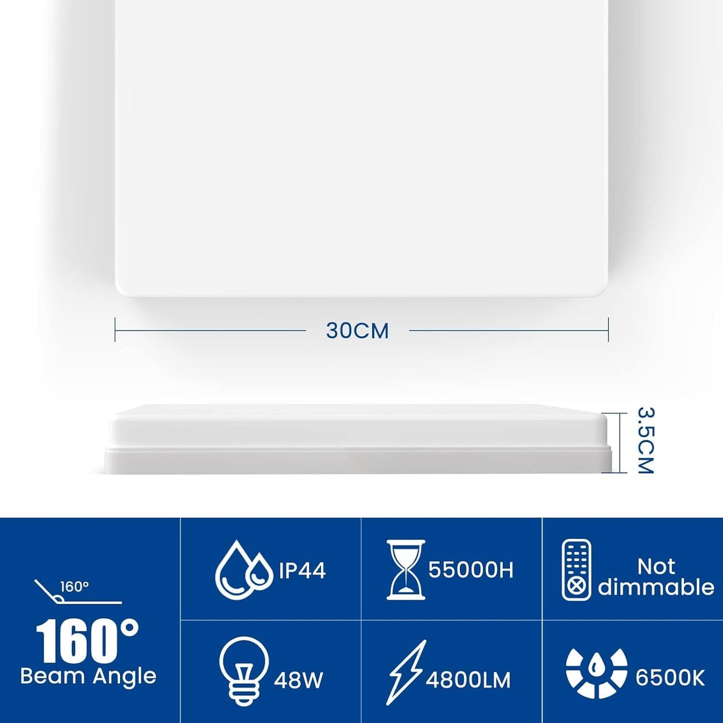 EASY EAGLE LED Ceiling Light Square Ceiling Light 48W Modern Light 6500K 4800LM IP44 Lamp for Bathroom, Kitchen, Bedroom, Living Room, Hallway, Office, Cellar, Diameter 30 cm