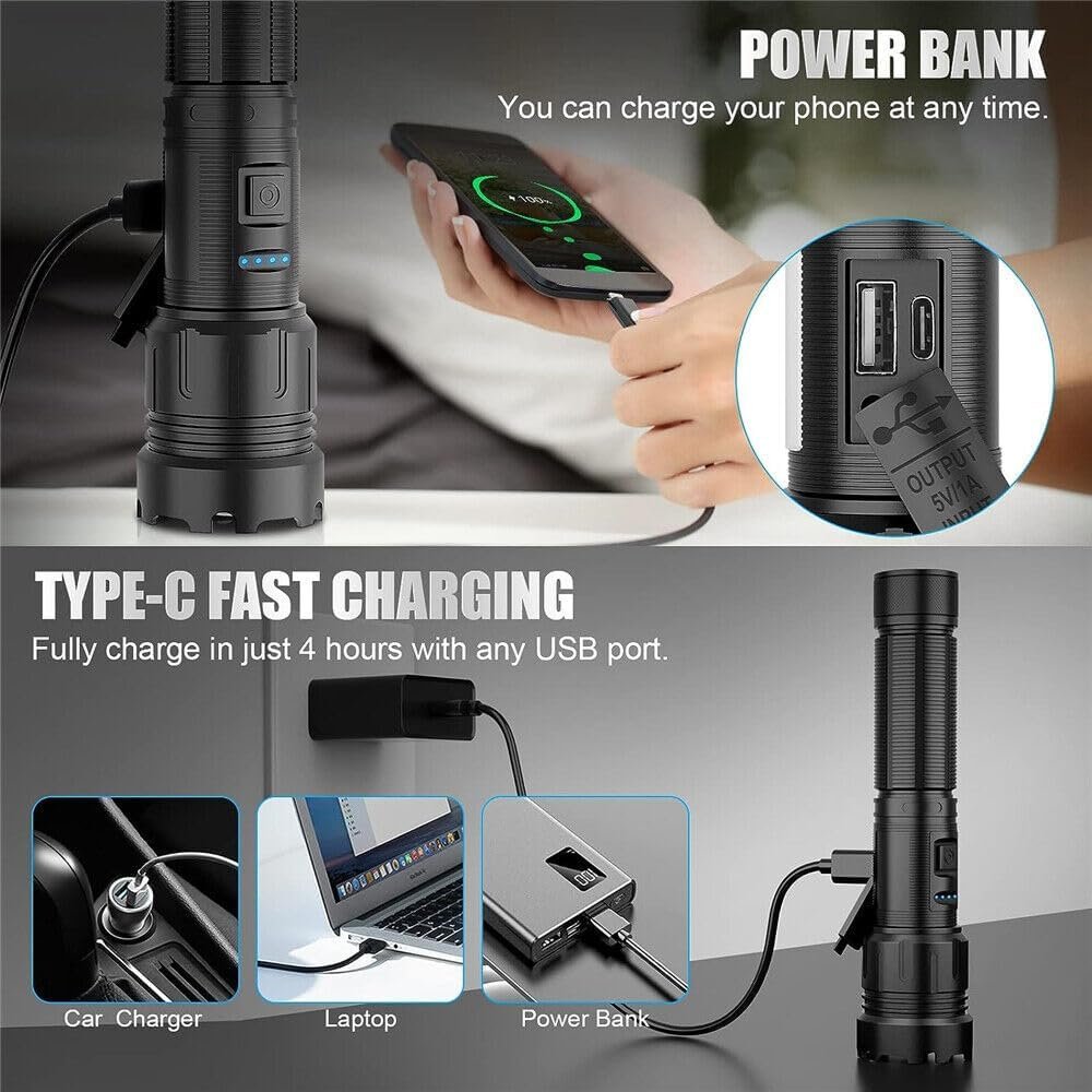 Rechargeable LED Flashlight 1000000 High Lumens XHP50.2 Super Bright Tactical Powerful Handheld Flashlights with IPX6 Water-Resistant, Zoomable, 7 Light Modes for Camping Emergencies