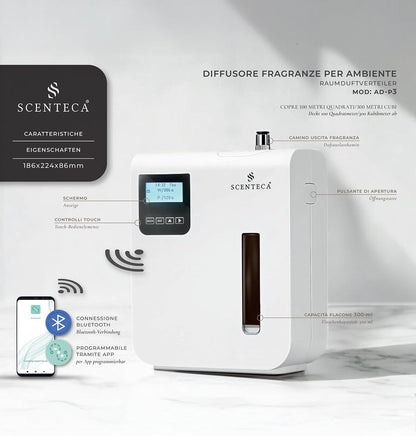 SCENTECA® AD-P3 Fragrance Diffuser for Domestic and Commercial Use Mist, Connectable Hvac, Coverage up to 100 m²/300 mc, 100 ml Fragrance Included "The White and Spring Flowers"