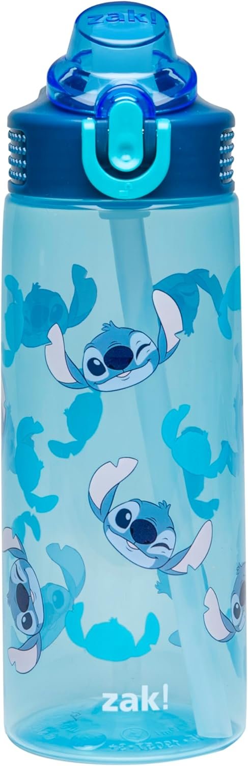 Zak Designs Disney Sage Water Bottle For School or Travel, 25oz Durable Plastic Water Bottle With Straw, Handle, and Leak-Proof, Pop-Up Spout Cover (Stitch)