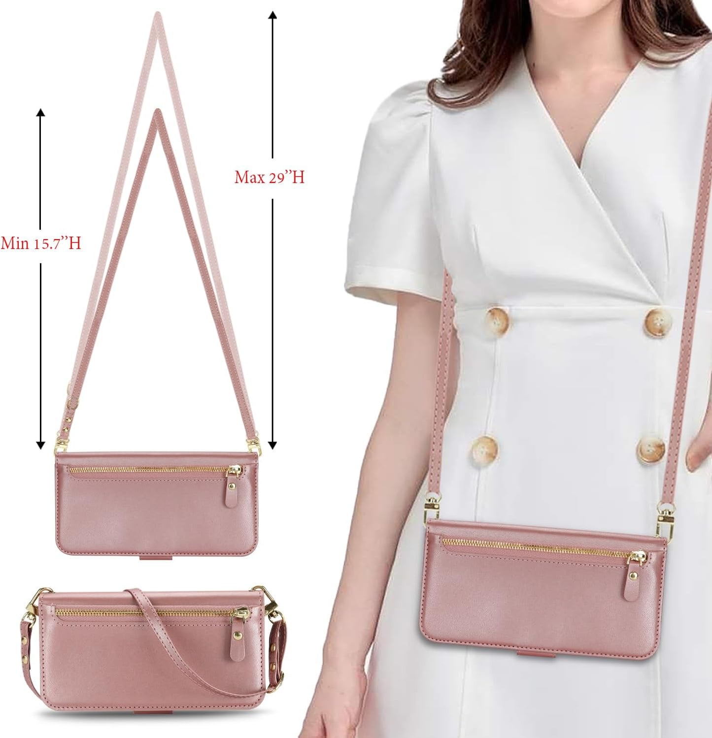 Cavor for iPhone 12/12 Pro Case Adjustable Crossbody Wallet with Card Holder Kickstand Long Shoulder Lanyard Wrist Strap PU Leather Magnetic Flip Cover Phone Zipper Pocket-Rose