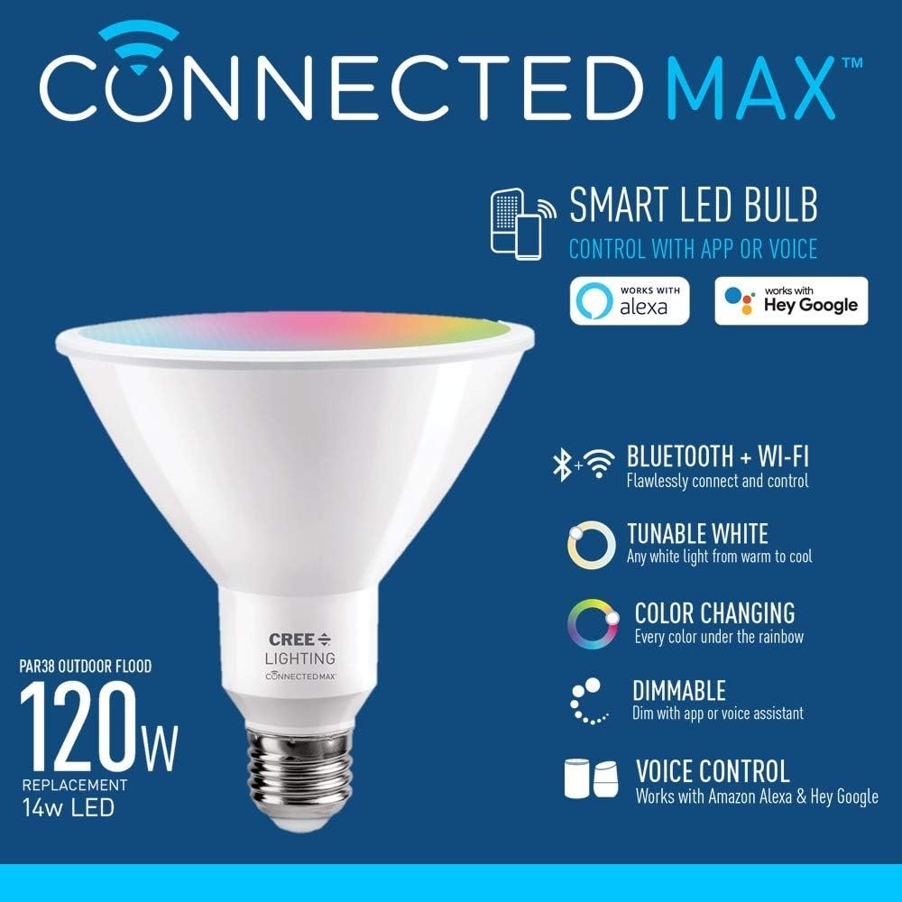 Cree Lighting Connected Max Smart Led Bulb Par38 Outdoor Flood Tunable White + Color Changing, 2.4 Ghz, Compatible with Alexa and Google Home, No Hub Required, Bluetooth + WiFi, Pack of 4