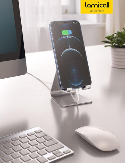 Lamicall Adjustable Cell Phone Stand - Aluminum Desktop Phone Holder, Anti-Slip Mobile Phone Base Desk Table, Compatible with iPhone, Samsung Galaxy Note, Office Accessories, 4-8" Smartphone - Sliver