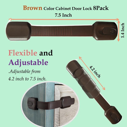 Child Safety kid safety Cabinet Lock Child Proofing Strap Locks for Baby Safety lock,Free Extra Adhesive Tape Included.No Drilling,Easy Installation.(Brown, 8 Pack)