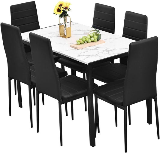 Luxsuite 7pcs Dining Table Set Marble Tabletop Rectangular 120cm High Gloss Marble Effect Top Dinner Tables 6 Seater with Tapered Metal Legs Dining Room Home Lounge Kitchen Black & White