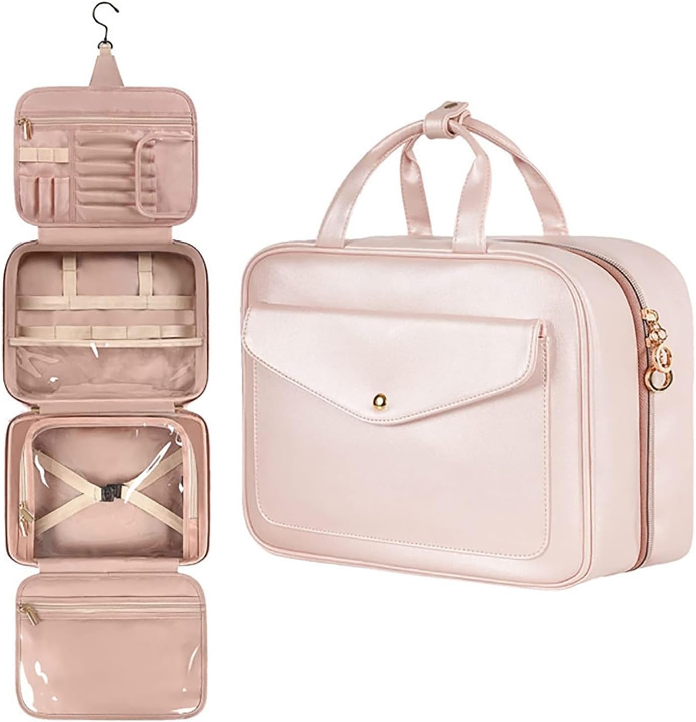 Toiletry Bag for Women and Men, Hanging Leather Large Capacity Travel Toiletry Bag, Waterproof Cosmetic Organiser with 4 Compartments Storage Travel Accessories for Holiday, Business Trip, Gym