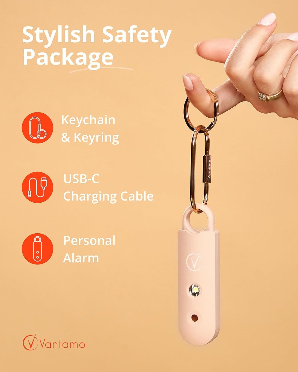 Vantamo Personal Alarm with Strobe LED Light, Extra Loud 130dB Self Defense Keychain with 2 Dynamics, Unique Safety Keychain for Women with Keyring for Bag or Backpack & Low Battery Notice