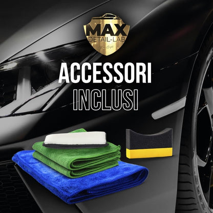 MAX DETAIL-LAB - Detailing Pack - Car Cleaning Kit with Washing Accessories Included, Interior Exterior Products, Shampoo, Rim Cleaner, Seats, Wax, Glasses, Dashboard, Renews Black Rubber Plastics
