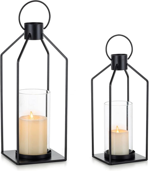 Nuptio Decorative Lantern Candle Holder: 2 Pcs Glass Hurricane Pillar Candles Holders Rustic Black Metal Hanging Lanterns Decor for Outdoor Wedding Farmhouse Home Fireplace Christmas Halloween