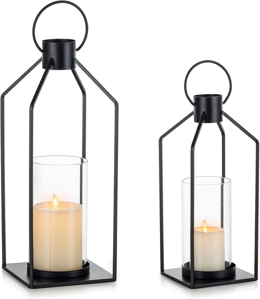 Nuptio Decorative Lantern Candle Holder: 2 Pcs Glass Hurricane Pillar Candles Holders Rustic Black Metal Hanging Lanterns Decor for Outdoor Wedding Farmhouse Home Fireplace Christmas Halloween