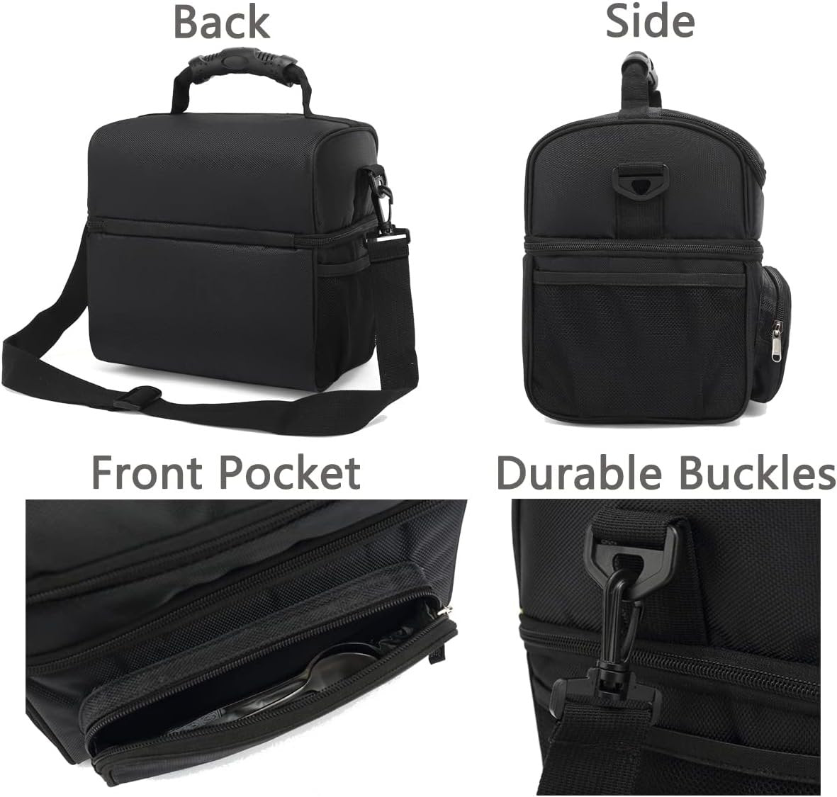 FlowFly Insulated Lunch Bag Adult Lunch Box Large Tote Double Layer Cooler for Men, Women, with Adjustable Strap,Front Pocket and Mesh Side Pockets,Black