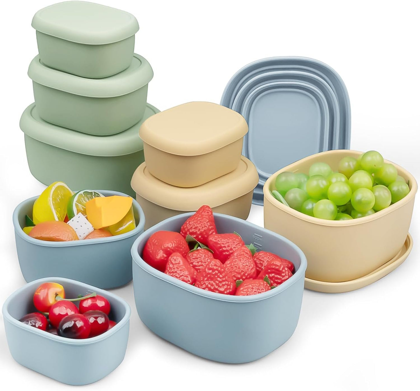 9 Pack Silicone Food Storage Containers,Nesting Silicone Food Containers with Airtight Lids,Reusable Bento Box Snack Lunch Containers for Camping, 3 Size(6.7oz, 10oz, 20oz)