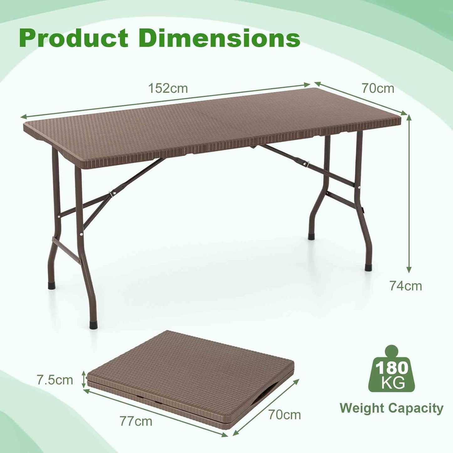Costway 1.5m Folding Picnic Table, Outdoor Dining Table w/Rattan Grain HDPE Tabletop, Sturdy Metal Fame, Non-Slip Foot Pads, 4-6 Person Camping Table for Patio Garden Deck Yard