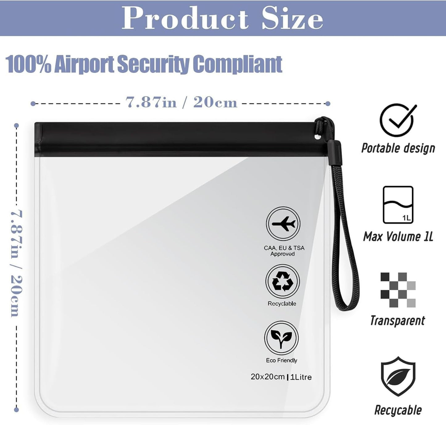 Clear Travel Toiletry Bag - Airport Security Liquids Bags, Airport Liquid Bag 20 x 20cm TSA Approved, Travel Accessories Makeup Bags Holiday Essentials Luggage for Men Women, 4pcs Black/Grey, 20cm by