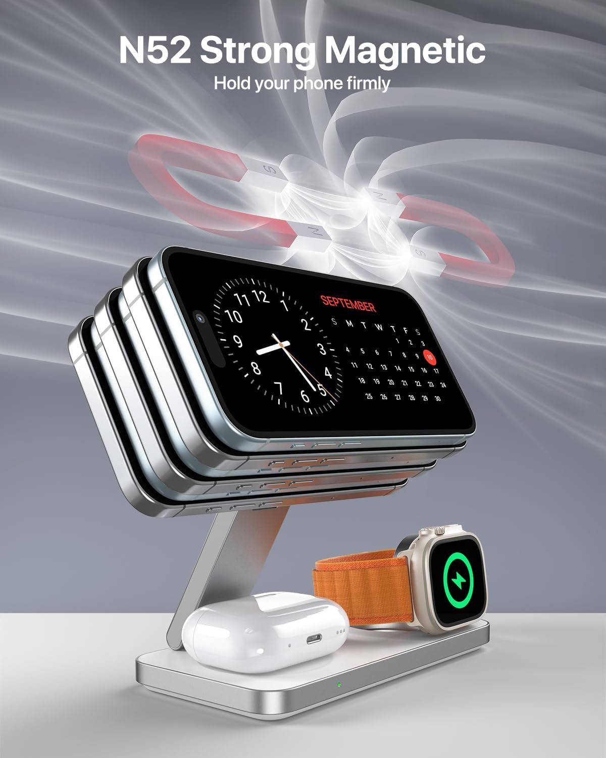 EXW for MagSafe Charger,3 in 1 Fast Charging Station,Foldable Wireless Charger Stand for iPhone 12-16,Travel Magnetic Charger for AirPods and Apple Watch (Adapter Included) (White)