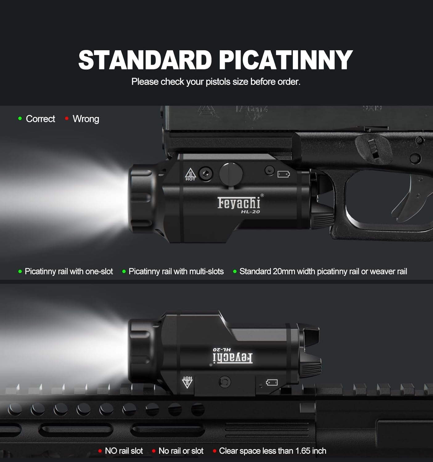 Feyachi HL-20 Pistol Light 1500 Lumen Upgrade LED Weapon Light Compact Rail Mounted Handgun Tactical Flashlight Rail Locating Keys for Picatinny
