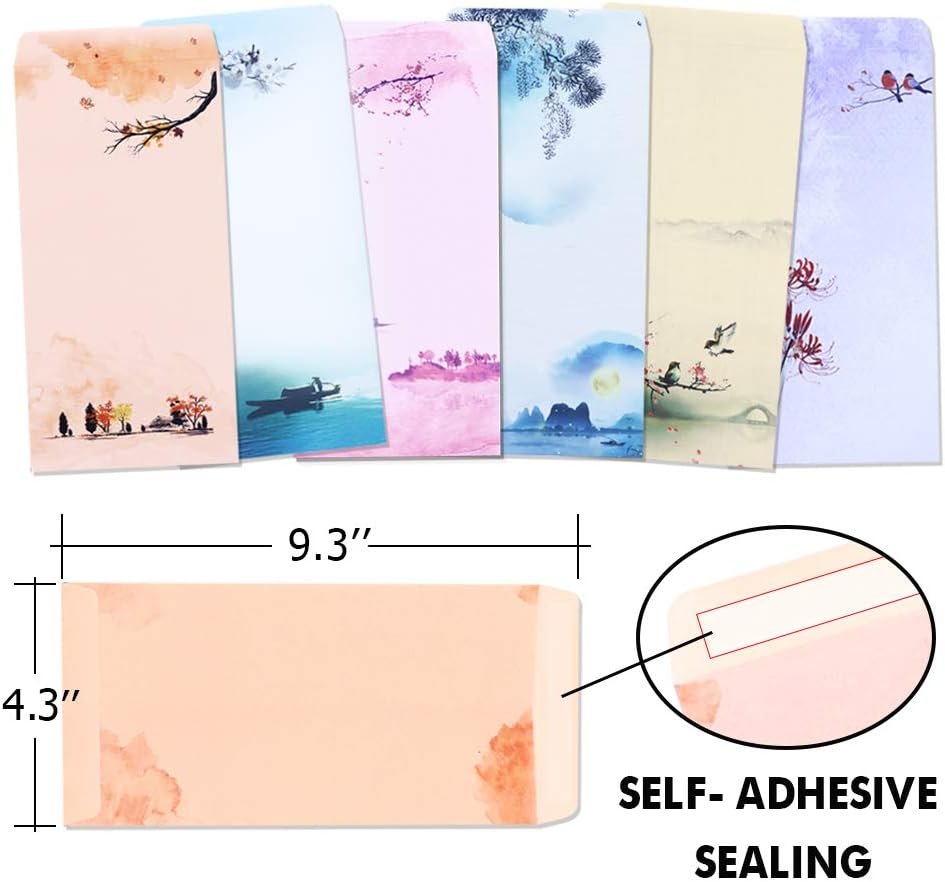 Stationary Set Japanese Stationery Letter Writing Paper, 48 Pack Stationary Paper and envelopes Set Ink Painting Design - 48 Stationary Papers + 24 Envelopes