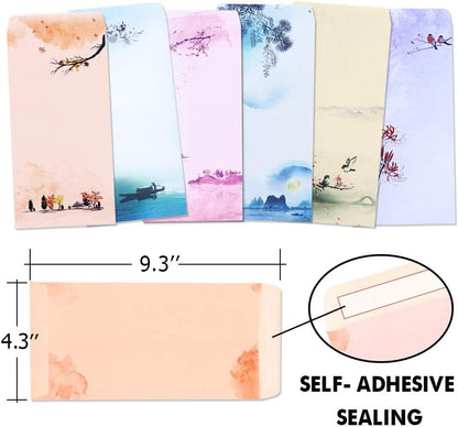 Stationary Set Japanese Stationery Letter Writing Paper, 48 Pack Stationary Paper and envelopes Set Ink Painting Design - 48 Stationary Papers + 24 Sealing Envelopes