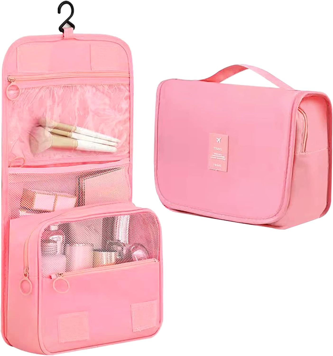 Hanging Toiletry Bag, Travel Wash Bag for Women Portable Folding Cosmetic Organizer Large Capacity Girls Makeup Bag Waterproof Shower Bag with Separate Compartment, Pink