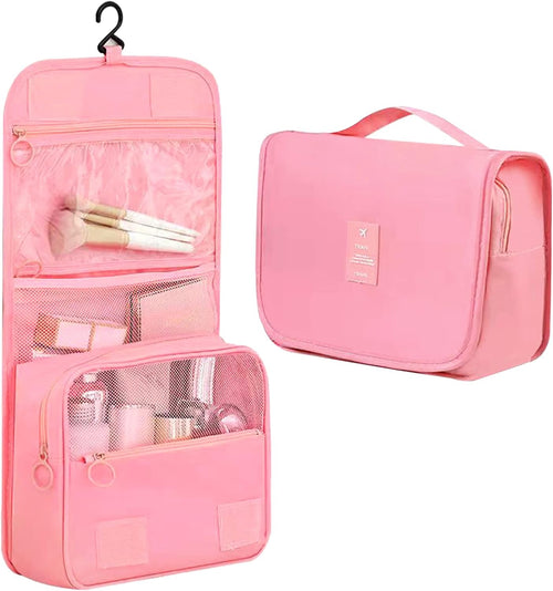 Hanging Toiletry Bag, Travel Wash Bag for Women Portable Folding Cosmetic Organizer Large Capacity Girls Makeup Bag Waterproof Shower Bag with Separate Compartment, Pink