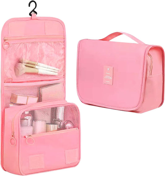 Hanging Toiletry Bag, Travel Wash Bag for Women Portable Folding Cosmetic Organizer Large Capacity Girls Makeup Bag Waterproof Shower Bag with Separate Compartment, Pink