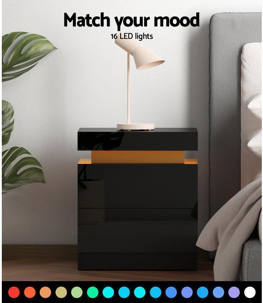 Artiss Bedside Table RGB LED Black High Gloss with 2 Drawers and Lift Up Storage Nightstand, Bedroom Furniture, Bed End Side Cabinet Narrow Space Organiser Unit Living Room Home