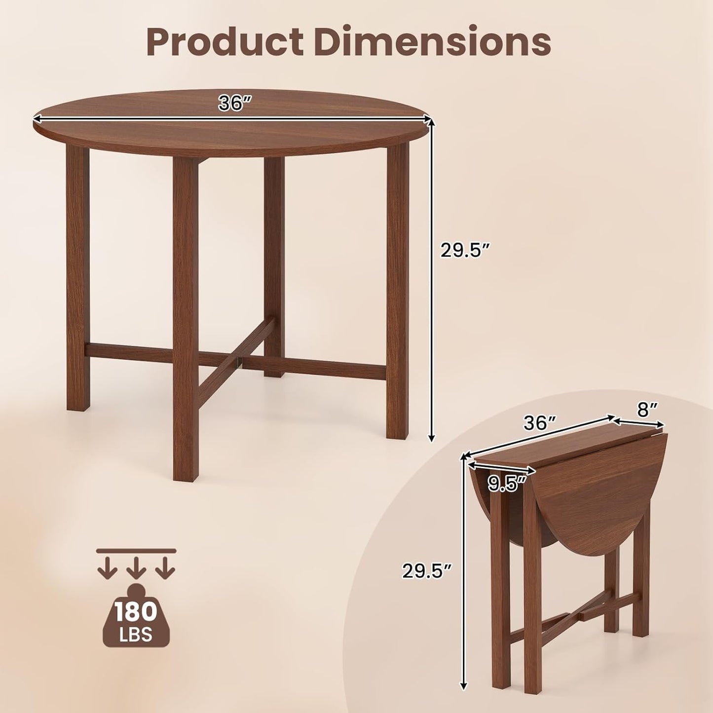 GOFLAME Round Drop Leaf Dining Table, 36” Folding Kitchen Table with Solid Wood Legs, Farmhouse Extendable Table for 2-4 People, Dinner Table for Dining Room, Living Room, Restaurant, Walnut