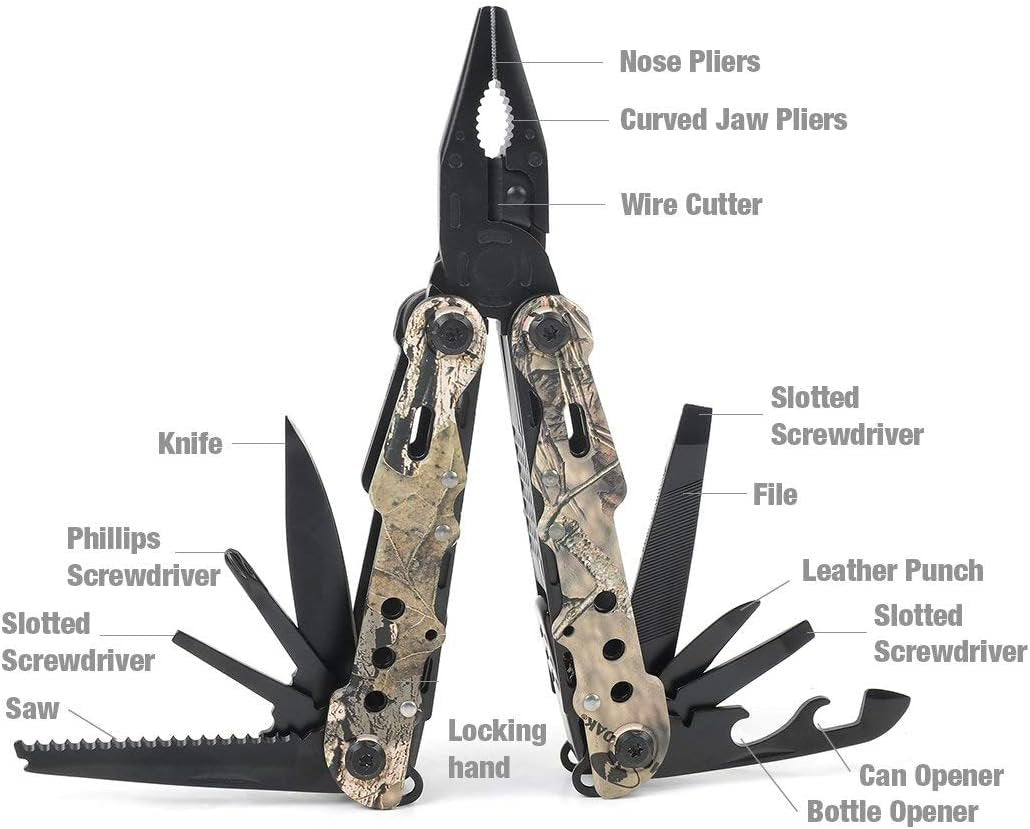MOSSY OAK Camo Multi Tool Portable Outdoor Folding Pocket Multitool with Nylon Sheath, Knife, Pliers, Screwdrivers and More, Stainless Steel