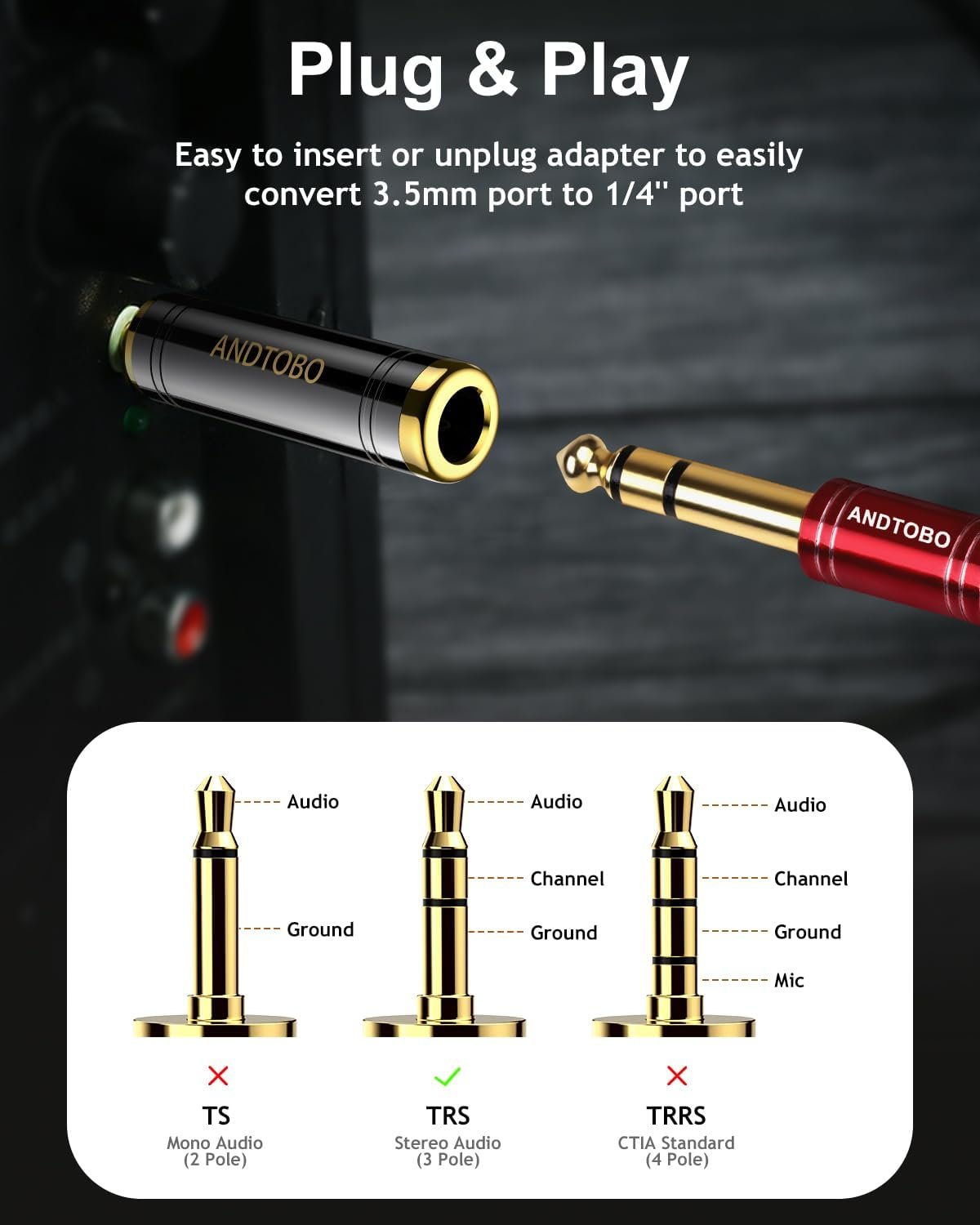 ANDTOBO 1/4'' to 3.5mm Stereo Pure Copper Headphone Adapter, 1/8'' Plug Male to 1/4''（6.35 mm） Jack Female Stereo Adapter for Headphone, Amp Adapter, Black 1-Pack