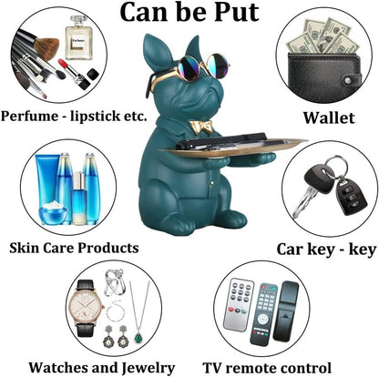 French Bulldog Tray Green Statue - With Stainless Steel Tray, Candy Key Tray Storage Box Bedroom Decoration Entrance Table
