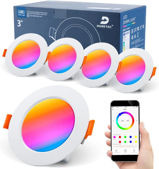 DUSKTEC RGB LED Downlights Ceiling 10W, Colour Changing Spot Lights Dimmable 95-110mm Cutout, Smart Bluetooth Recessed White Spotlights 4 inch, IP44 Ultra Slim APP Controlled Kitchen Lighting 4 Pack